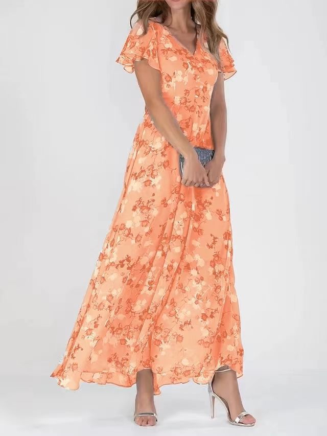 2025 European and American New Style Beach Long Skirt Chiffon Floral Short-Sleeved Ruffled V Neck Fashion Waist Dress