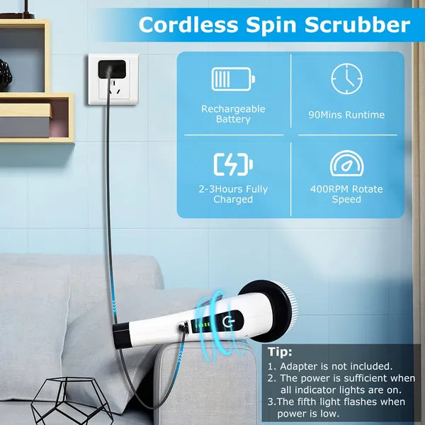 Electric Spin Scrubber Cordless Cleaning Brush Extendable With 8 Replaceable Heads 2 Speed Adjustable Extension Arm Bathroom Tub Tile Floor