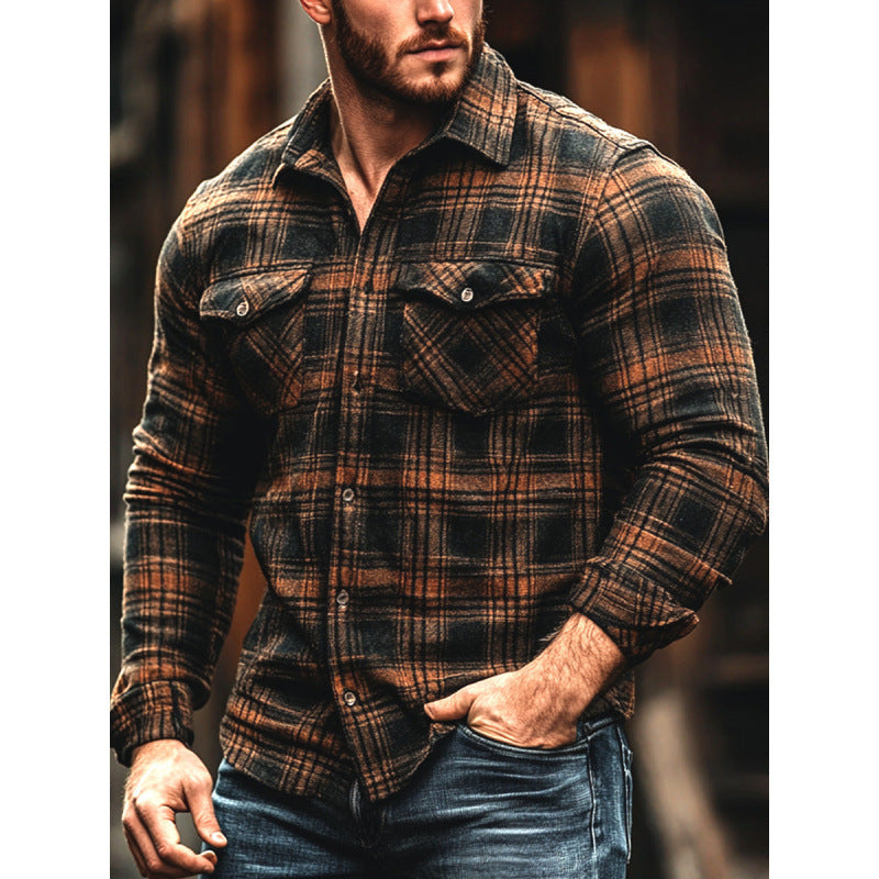 Plaid Printed Fleece-lined Men's Pocket Shirt
