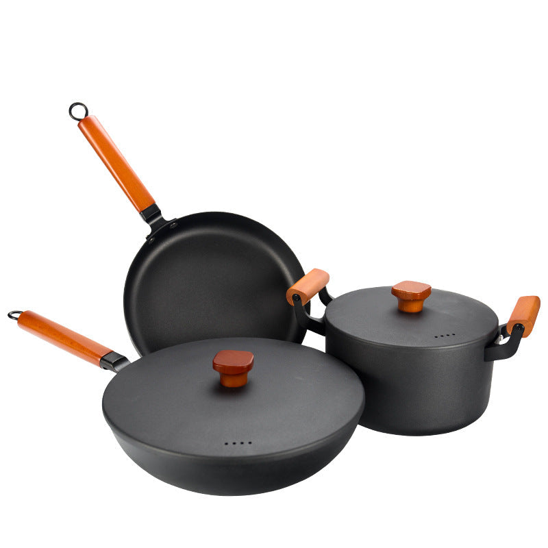 Three-Piece Gift wok flat bottom non-stick old-fashioned iron pot household soup pot steamer multi-functional breakfast frying pan wholesale