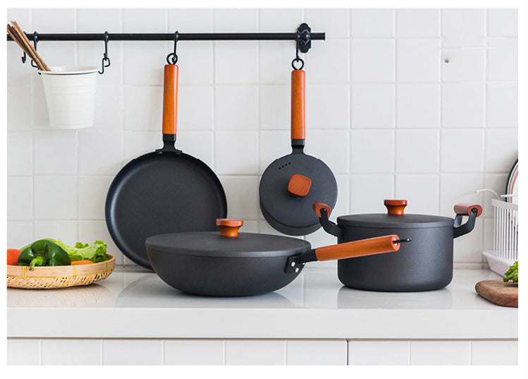 Three-Piece Gift wok flat bottom non-stick old-fashioned iron pot household soup pot steamer multi-functional breakfast frying pan wholesale