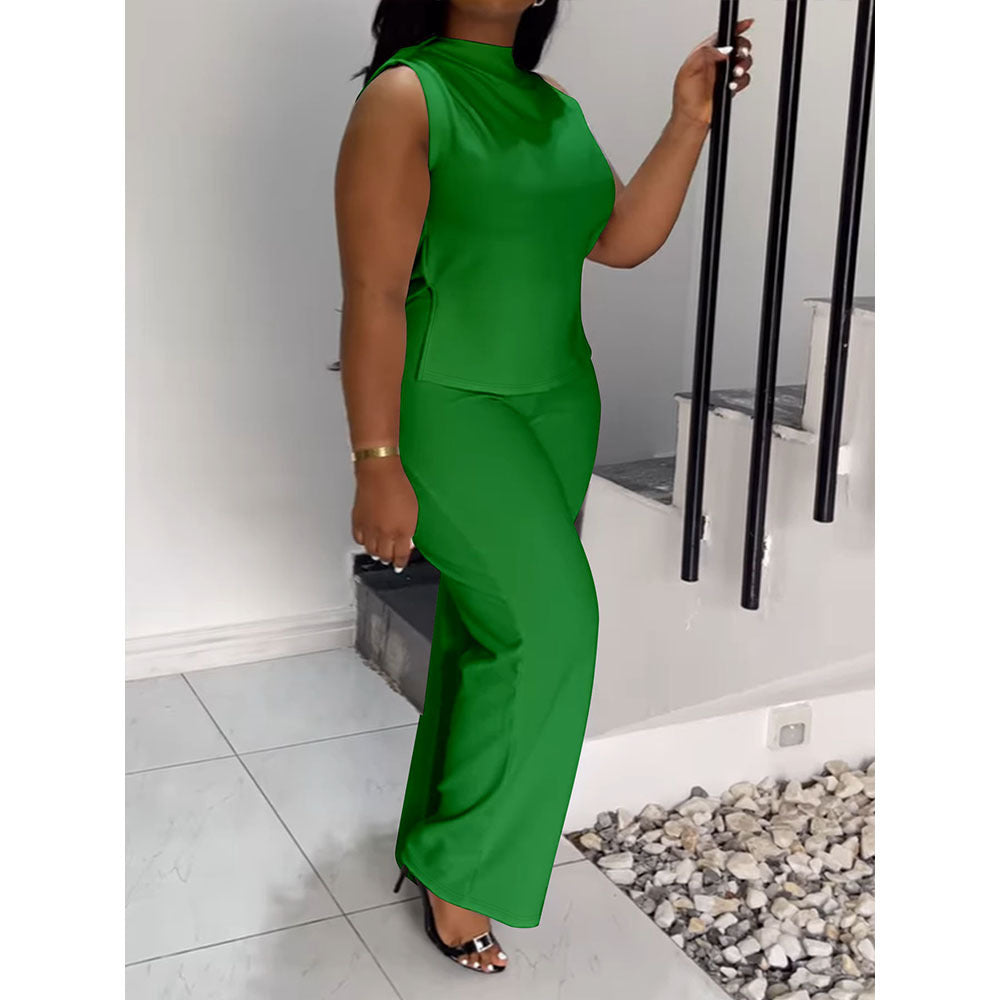 Solid Color Casual Sleeveless Trousers Suit