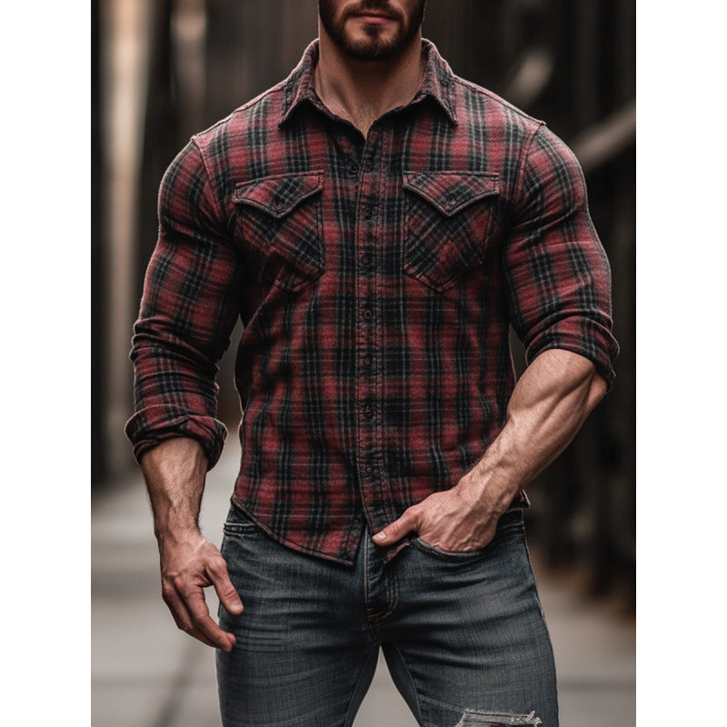 Plaid Printed Fleece-lined Men's Pocket Shirt