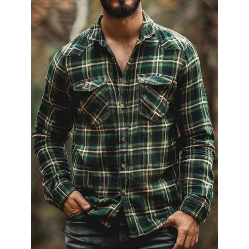 Plaid Printed Fleece-lined Men's Pocket Shirt