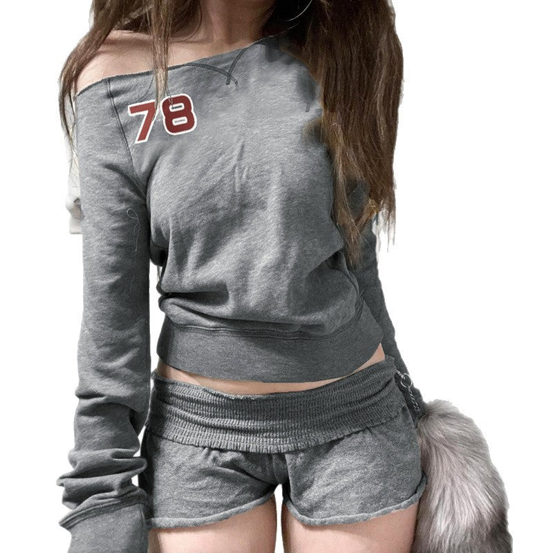 Printed Waist-controlled Midriff-baring Long Sleeve Casual Sweatshirt Sexy