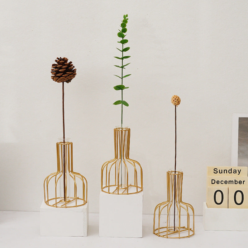 Light Luxury Golden Iron Home Soft Decoration Dining Table Living Room Decorations Transparent Vase Flower-arranging Hydroponic Container Ornaments