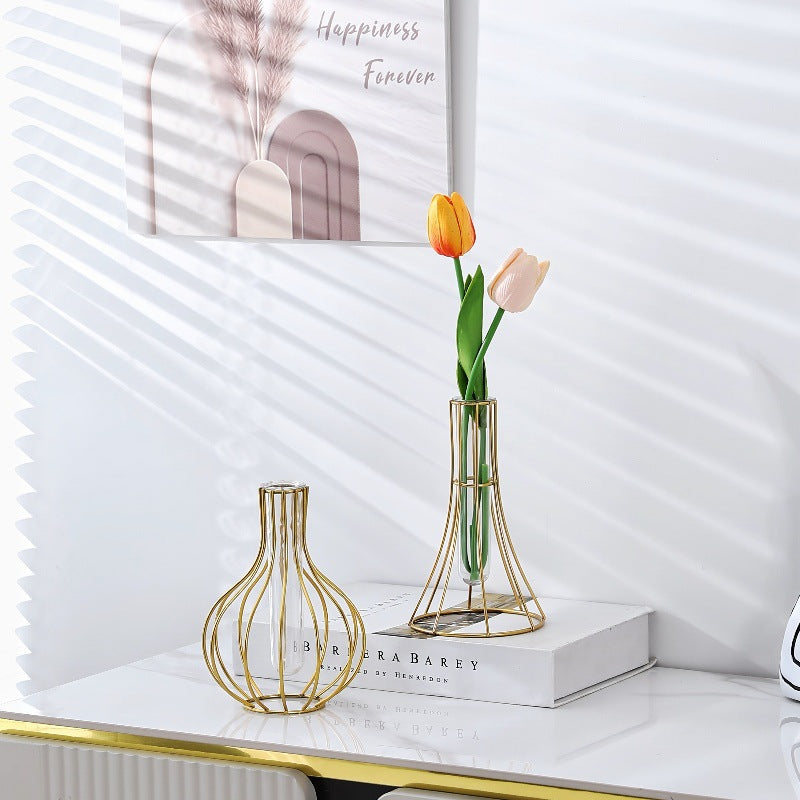 Light Luxury Golden Iron Home Soft Decoration Dining Table Living Room Decorations Transparent Vase Flower-arranging Hydroponic Container Ornaments