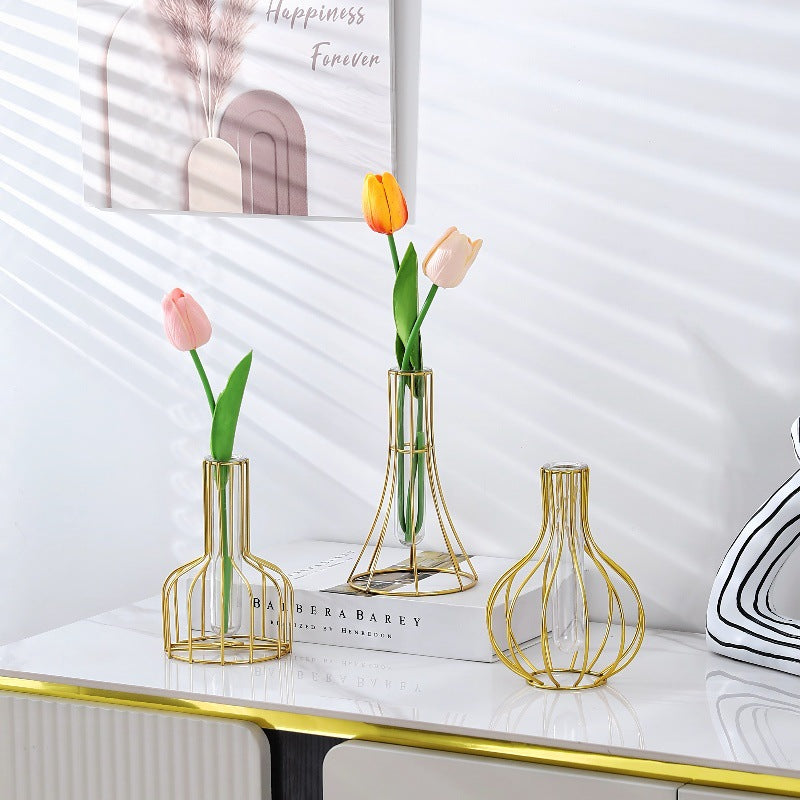 Light Luxury Golden Iron Home Soft Decoration Dining Table Living Room Decorations Transparent Vase Flower-arranging Hydroponic Container Ornaments