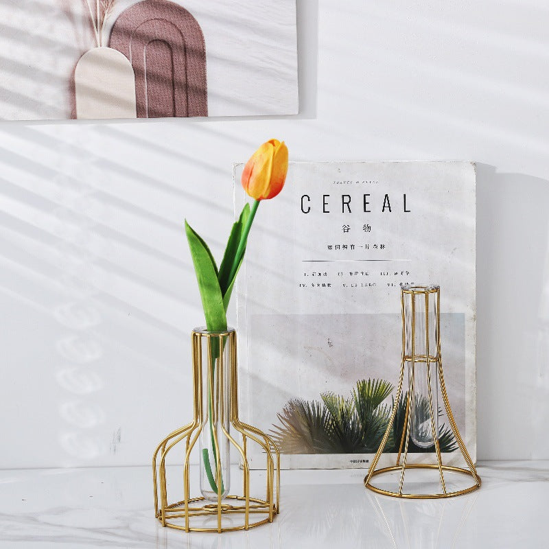 Light Luxury Golden Iron Home Soft Decoration Dining Table Living Room Decorations Transparent Vase Flower-arranging Hydroponic Container Ornaments