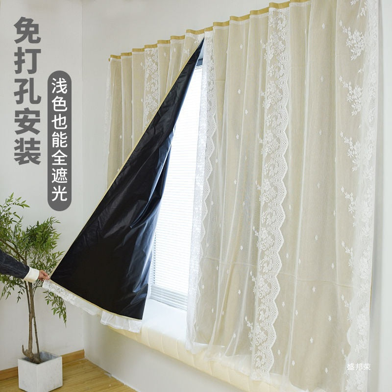 Blackout Curtains for Rental House Bedroom Bay Window, No-Drill Installation with Magic Tape Adhesive for Small Windows