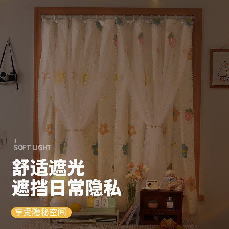No-Drill Installation Simple Curtain for Bedroom Blackout with Rod, Complete Set for Small Windows, Bay Window Covering Fabric, Rental Room Door Curtain