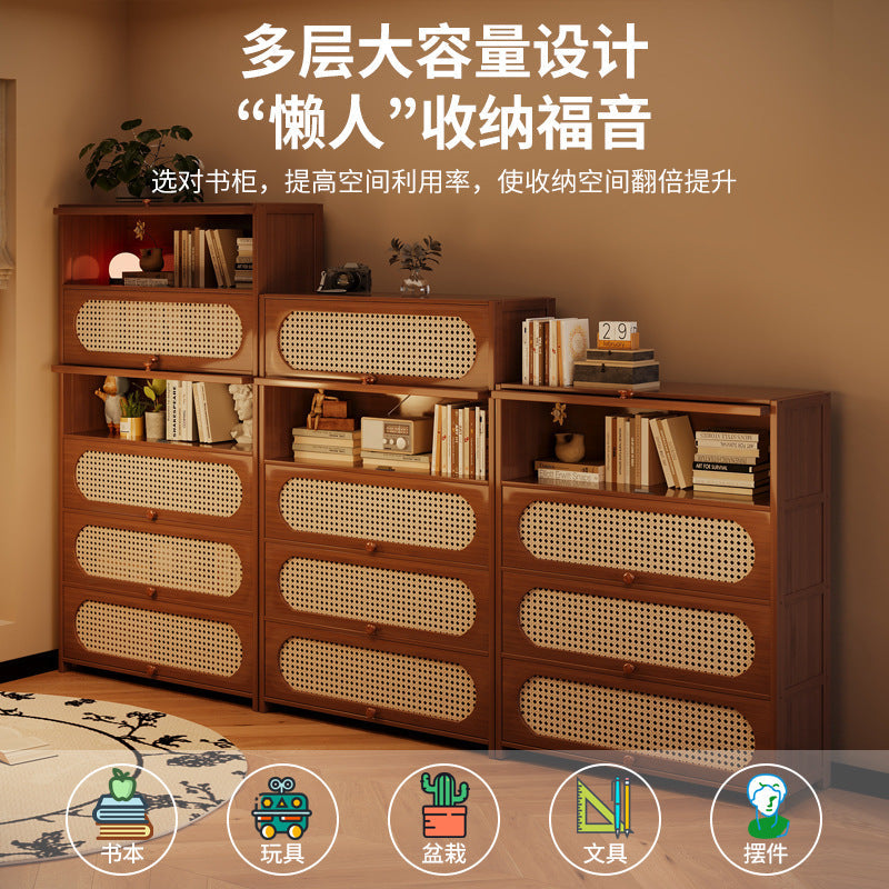 Multi-Layer Bookcase, Retro Rattan Entrance Cabinet, American Tipping Cabinet, Storage Cabinet, Large-Capacity Storage Floor-Standing Display Cabinet