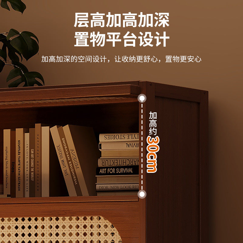 Multi-Layer Bookcase, Retro Rattan Entrance Cabinet, American Tipping Cabinet, Storage Cabinet, Large-Capacity Storage Floor-Standing Display Cabinet