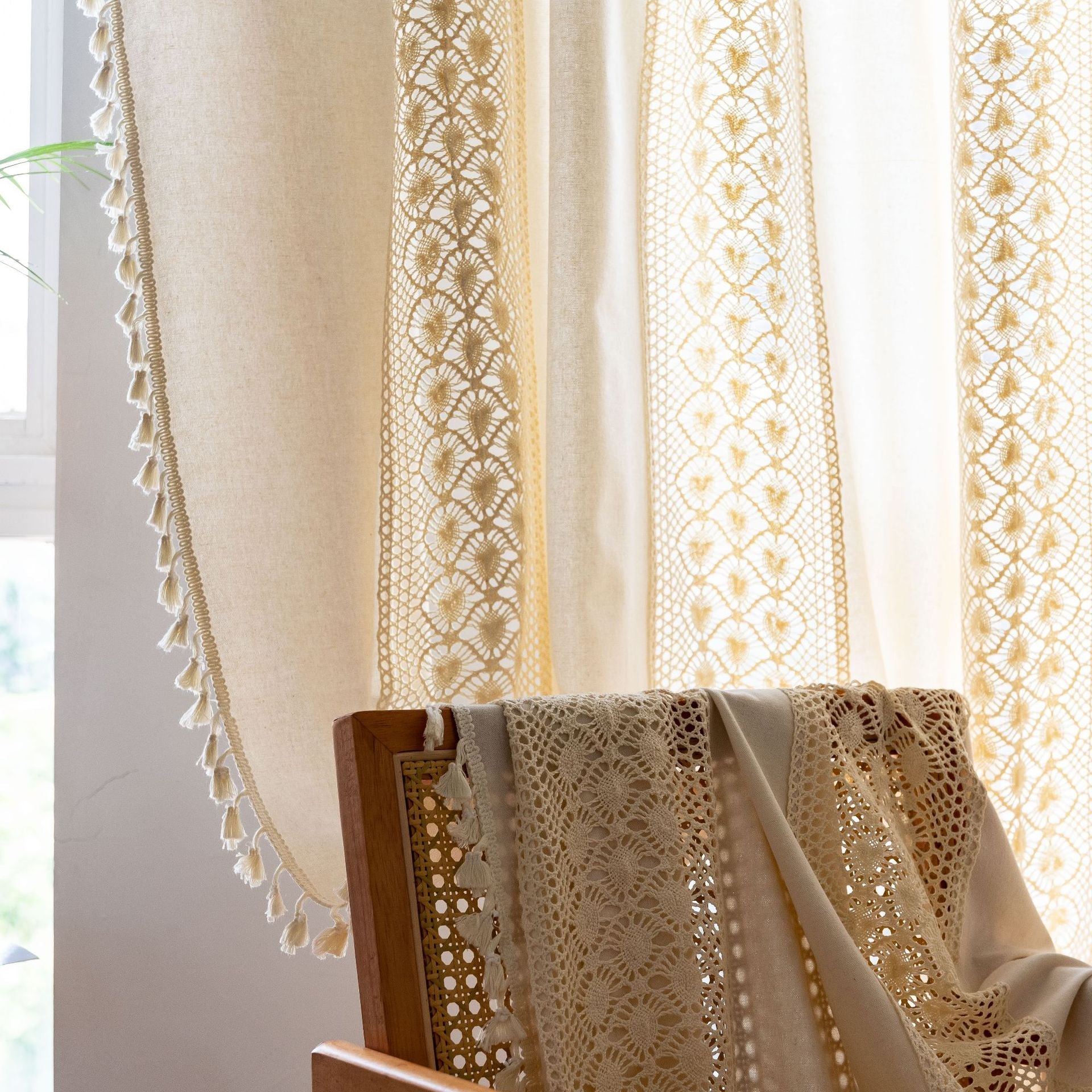 Finished Curtain Cross-border Exclusive for American Crochet Plaid Splicing Kitchen Partition Curtain Semi-transparent Small Window Floating Curtain