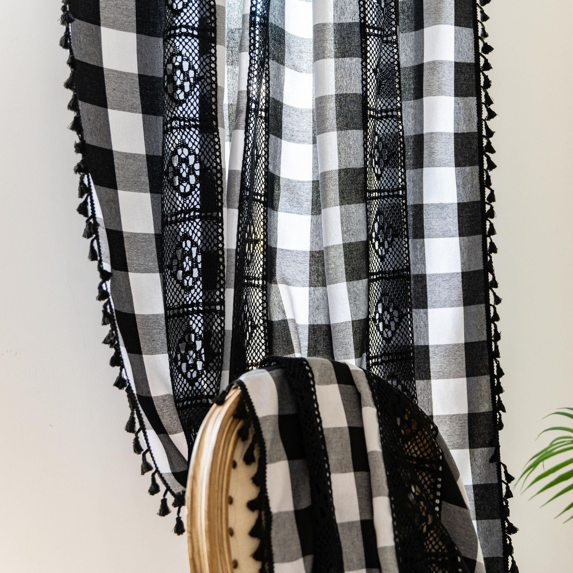 Finished Curtain Cross-border Exclusive for American Crochet Plaid Splicing Kitchen Partition Curtain Semi-transparent Small Window Floating Curtain