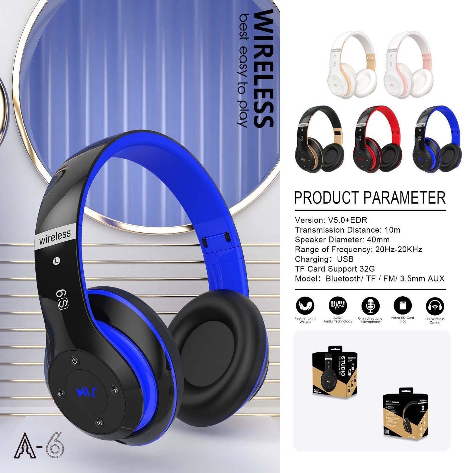 A6S Head-Mounted Bluetooth Headset Wireless Stereo Headset Card Radio Call Function