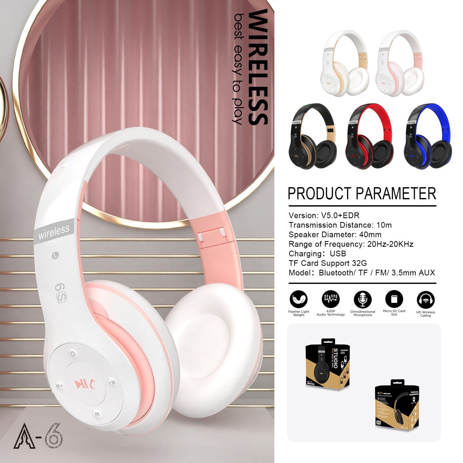 A6S Head-Mounted Bluetooth Headset Wireless Stereo Headset Card Radio Call Function