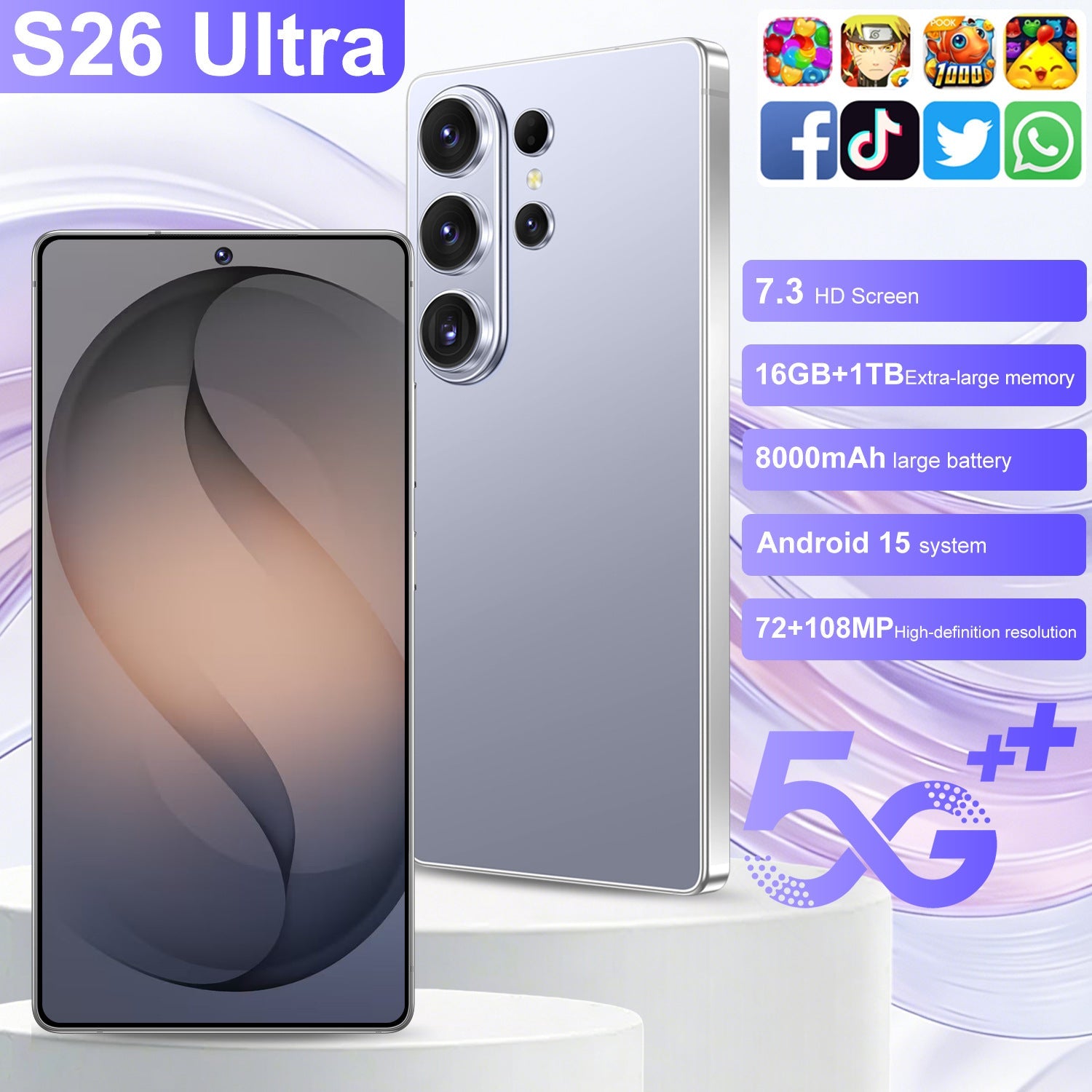 Hot-Selling Mobile Phone S26Ultra 16+1Tb Perforated Design 7.3inch Large Screen Foreign Trade Smartphone