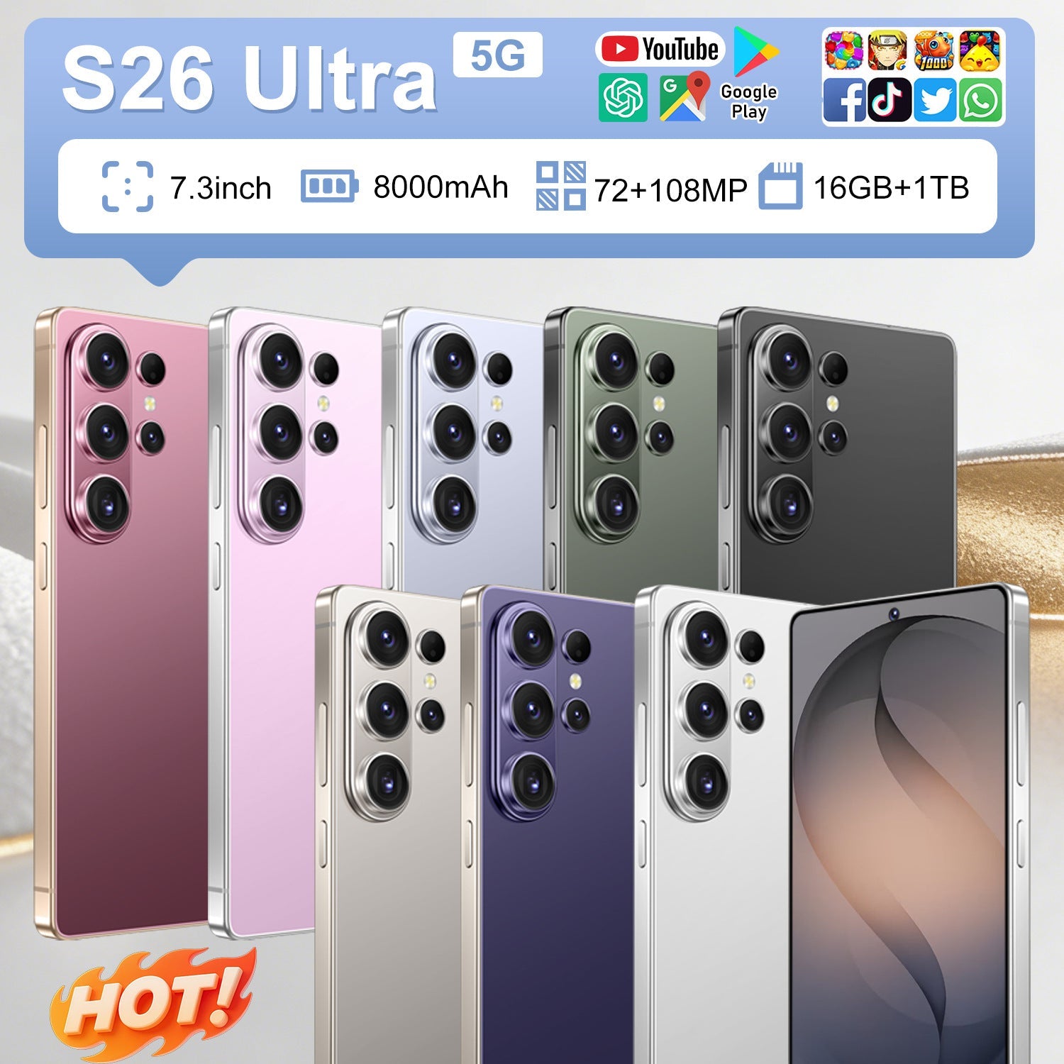 Hot-Selling Mobile Phone S26Ultra 16+1Tb Perforated Design 7.3inch Large Screen Foreign Trade Smartphone
