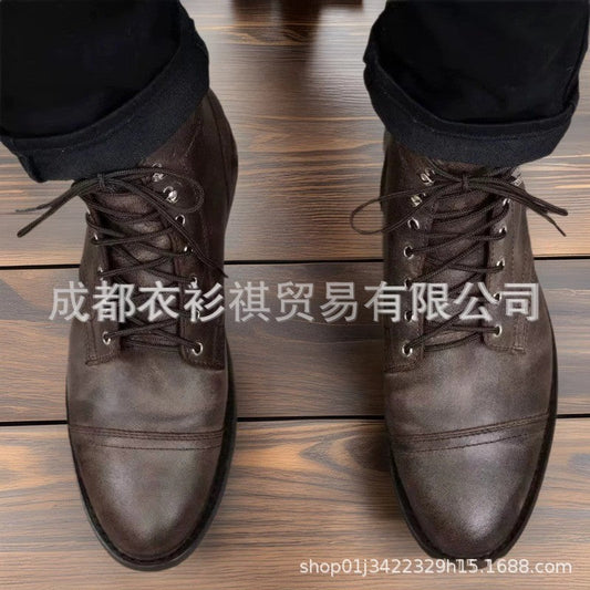 Wish foreign trade new retro round head work martin boots high-top locomotive shoes men's shoes lace men's shoes