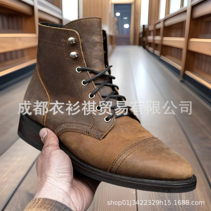 Wish foreign trade new retro round head work martin boots high-top locomotive shoes men's shoes lace men's shoes