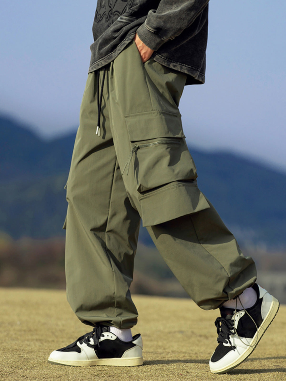 Black Cargo Pants for Men, Spring and Autumn Trendy Loose Straight Wide-Leg Casual Long Pants, American-Style Parachute Pants