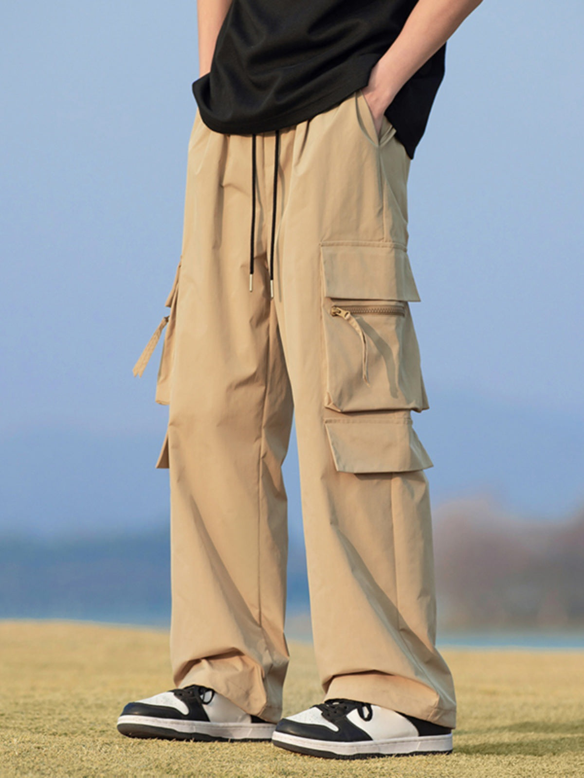 Black Cargo Pants for Men, Spring and Autumn Trendy Loose Straight Wide-Leg Casual Long Pants, American-Style Parachute Pants