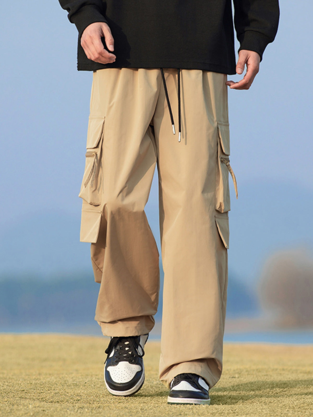 Black Cargo Pants for Men, Spring and Autumn Trendy Loose Straight Wide-Leg Casual Long Pants, American-Style Parachute Pants