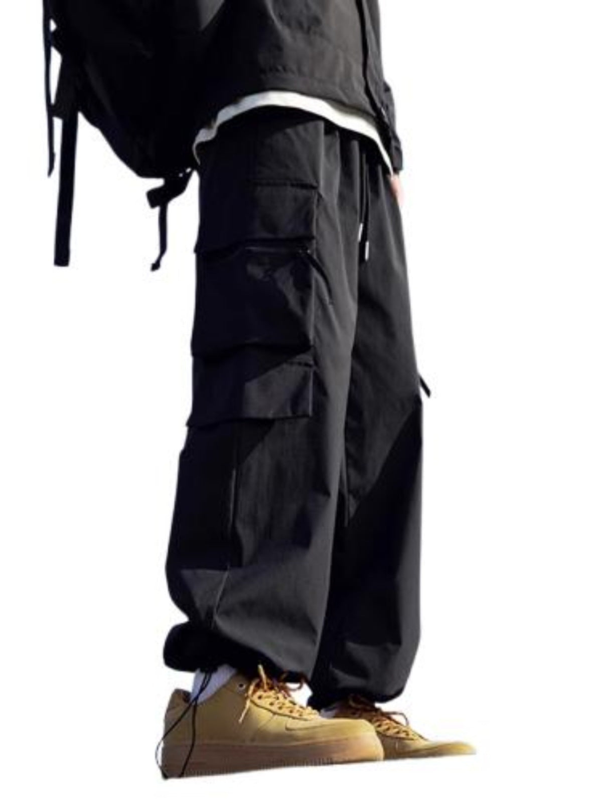 Black Cargo Pants for Men, Spring and Autumn Trendy Loose Straight Wide-Leg Casual Long Pants, American-Style Parachute Pants