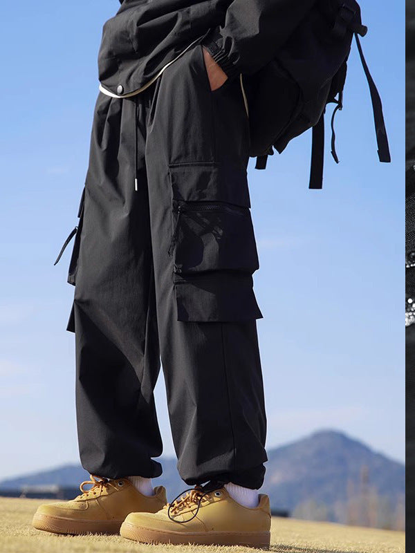 Black Cargo Pants for Men, Spring and Autumn Trendy Loose Straight Wide-Leg Casual Long Pants, American-Style Parachute Pants