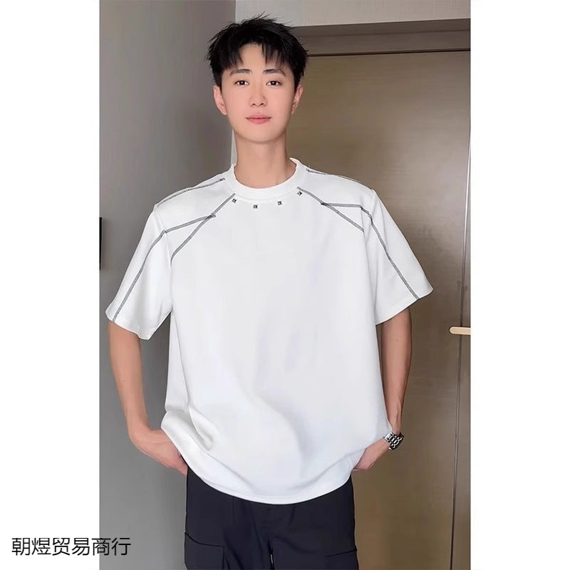 Rivet Shoulder Pad Exposed Stitching Deconstructed Heavyweight Short-Sleeve T-Shirt for Men, Summer American Style Trendy Brand, Boxy High-End Feel, Half-Sleeve