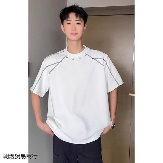Rivet Shoulder Pad Exposed Stitching Deconstructed Heavyweight Short-Sleeve T-Shirt for Men, Summer American Style Trendy Brand, Boxy High-End Feel, Half-Sleeve