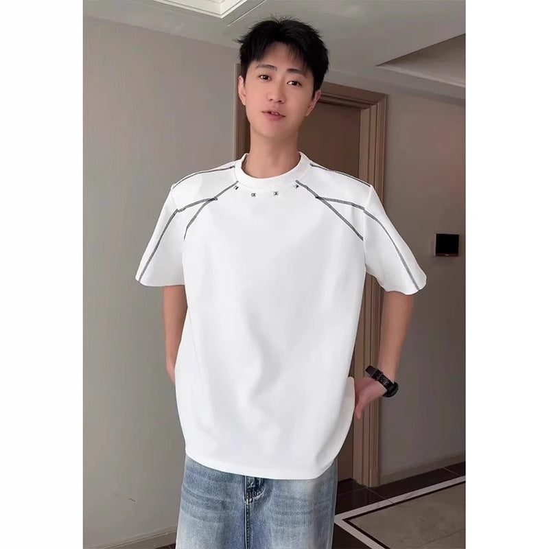 Rivet Shoulder Pad Exposed Stitching Deconstructed Heavyweight Short-Sleeve T-Shirt for Men, Summer American Style Trendy Brand, Boxy High-End Feel, Half-Sleeve