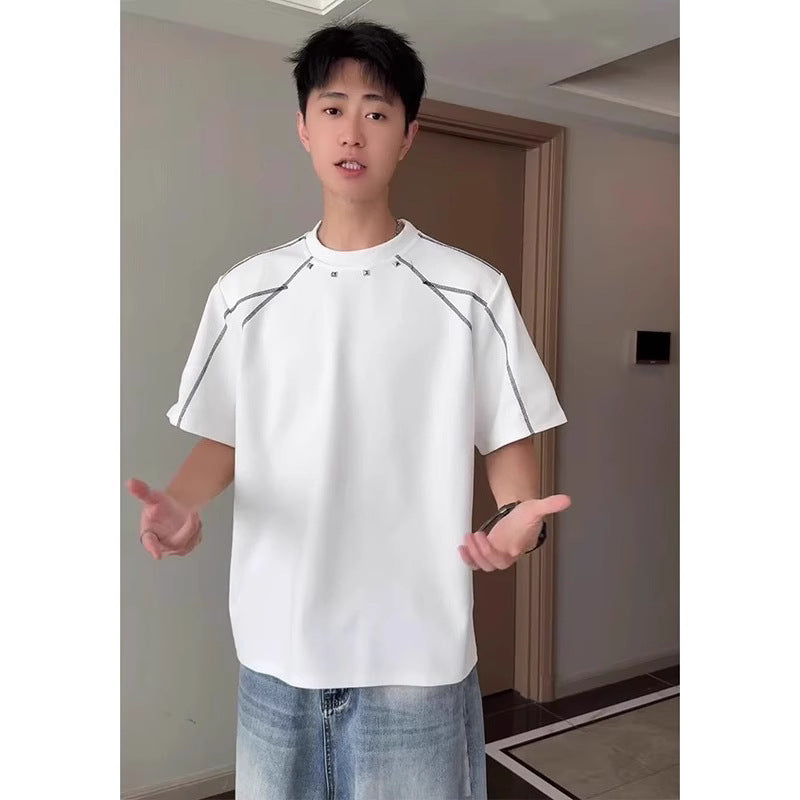 Rivet Shoulder Pad Exposed Stitching Deconstructed Heavyweight Short-Sleeve T-Shirt for Men, Summer American Style Trendy Brand, Boxy High-End Feel, Half-Sleeve