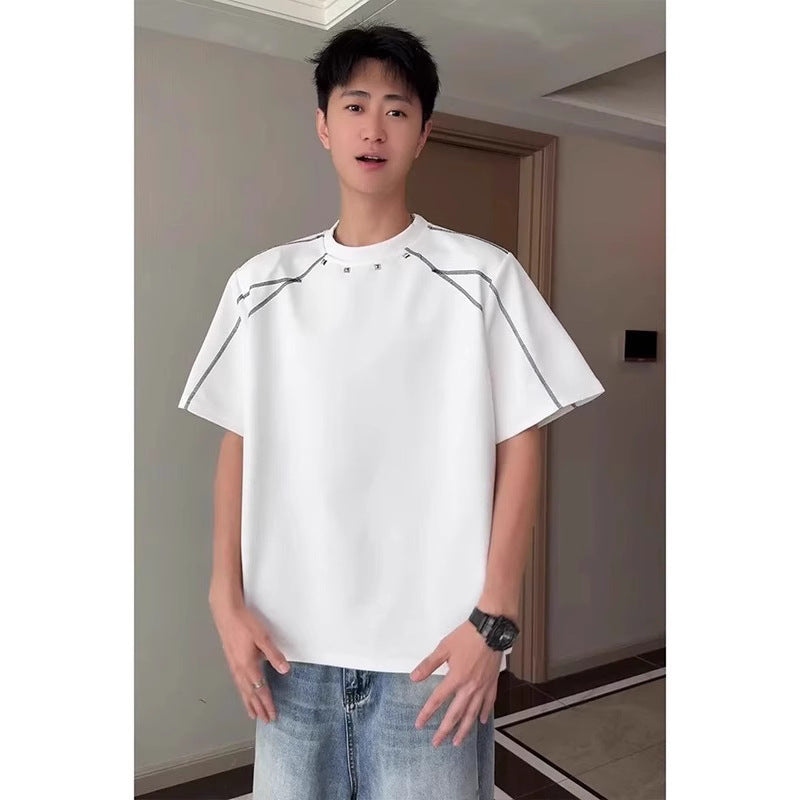 Rivet Shoulder Pad Exposed Stitching Deconstructed Heavyweight Short-Sleeve T-Shirt for Men, Summer American Style Trendy Brand, Boxy High-End Feel, Half-Sleeve
