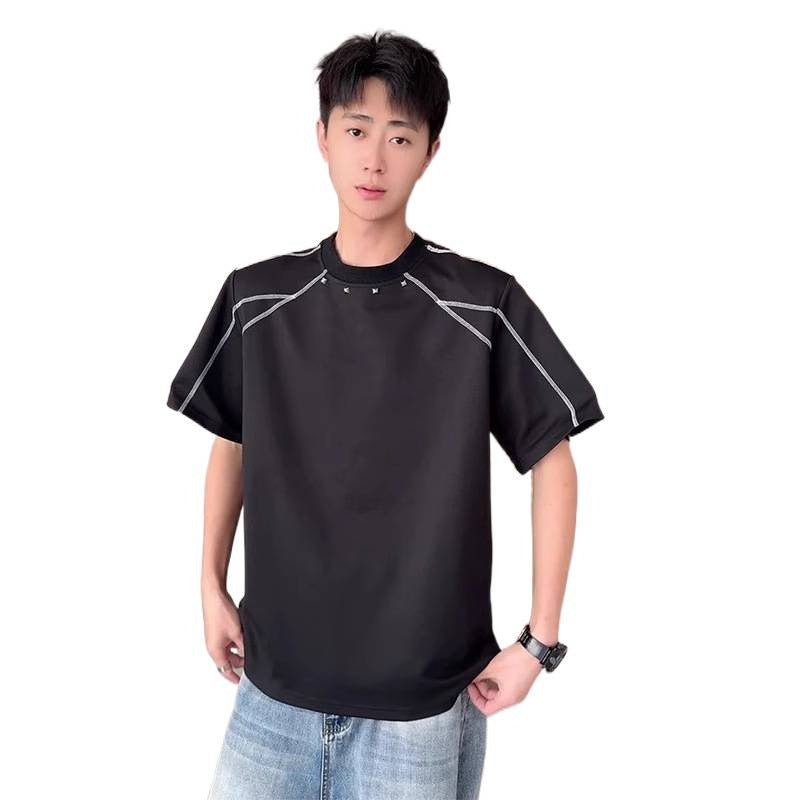 Rivet Shoulder Pad Exposed Stitching Deconstructed Heavyweight Short-Sleeve T-Shirt for Men, Summer American Style Trendy Brand, Boxy High-End Feel, Half-Sleeve