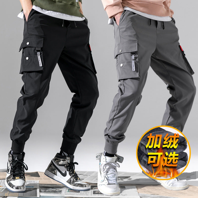 2022 autumn and winter plus velvet overalls men's national tide multi-pocket casual pants men's Korean version of toe sports pants manufacturers