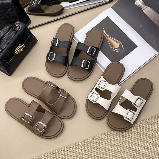 Women's Summer New Fashion Versatile Square Buckle Trendy Slip-On Home Non-Slip Bathroom Outdoor Beach Sandals