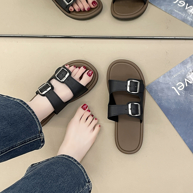 Women's Summer New Fashion Versatile Square Buckle Trendy Slip-On Home Non-Slip Bathroom Outdoor Beach Sandals