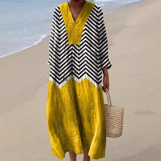 2025 Cross-Border Independent Station Amazon Long Sleeve Shirt Dress Women's Casual Floral 3D Printed Sleeve Long Skirt