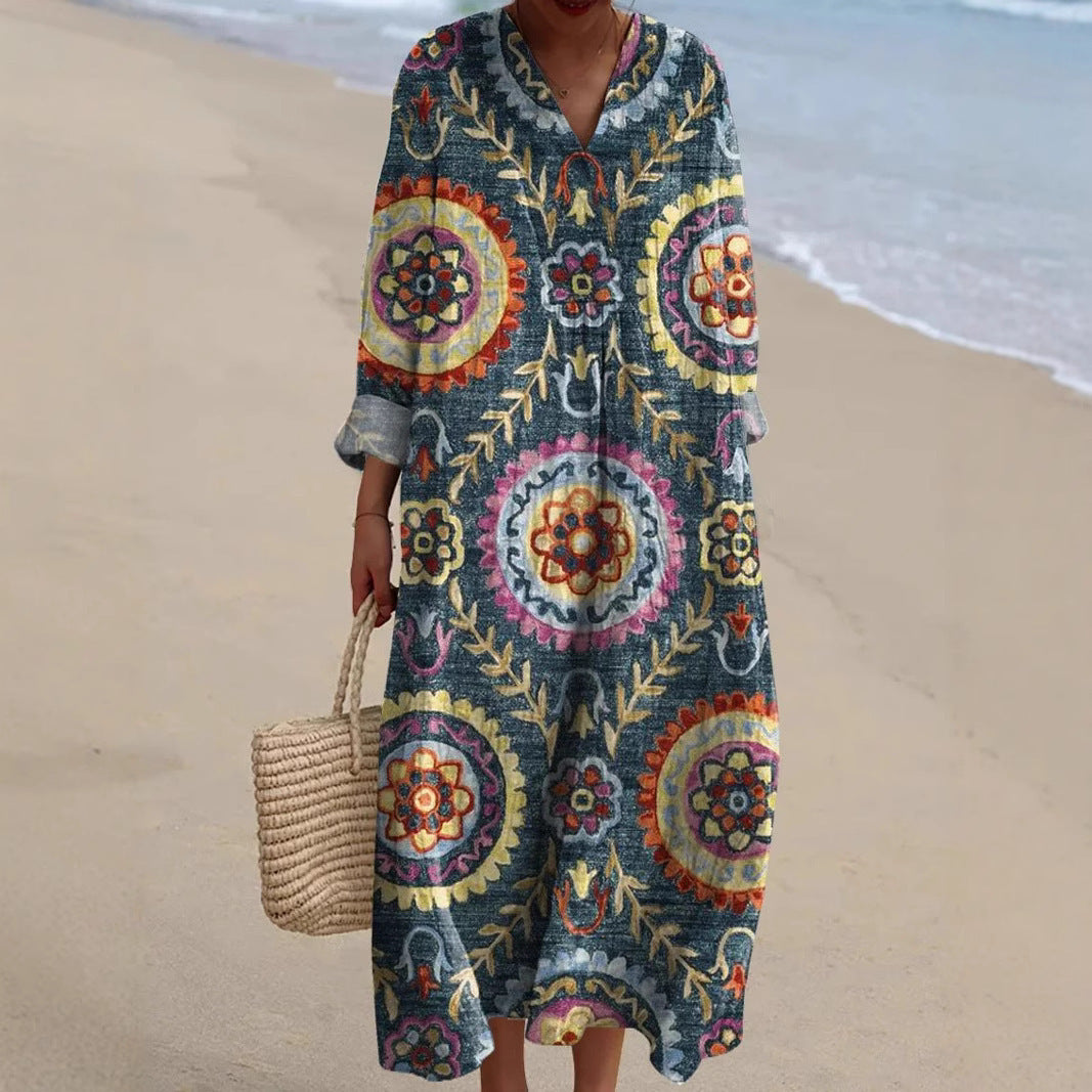 2025 Cross-Border Independent Station Amazon Long Sleeve Shirt Dress Women's Casual Floral 3D Printed Sleeve Long Skirt