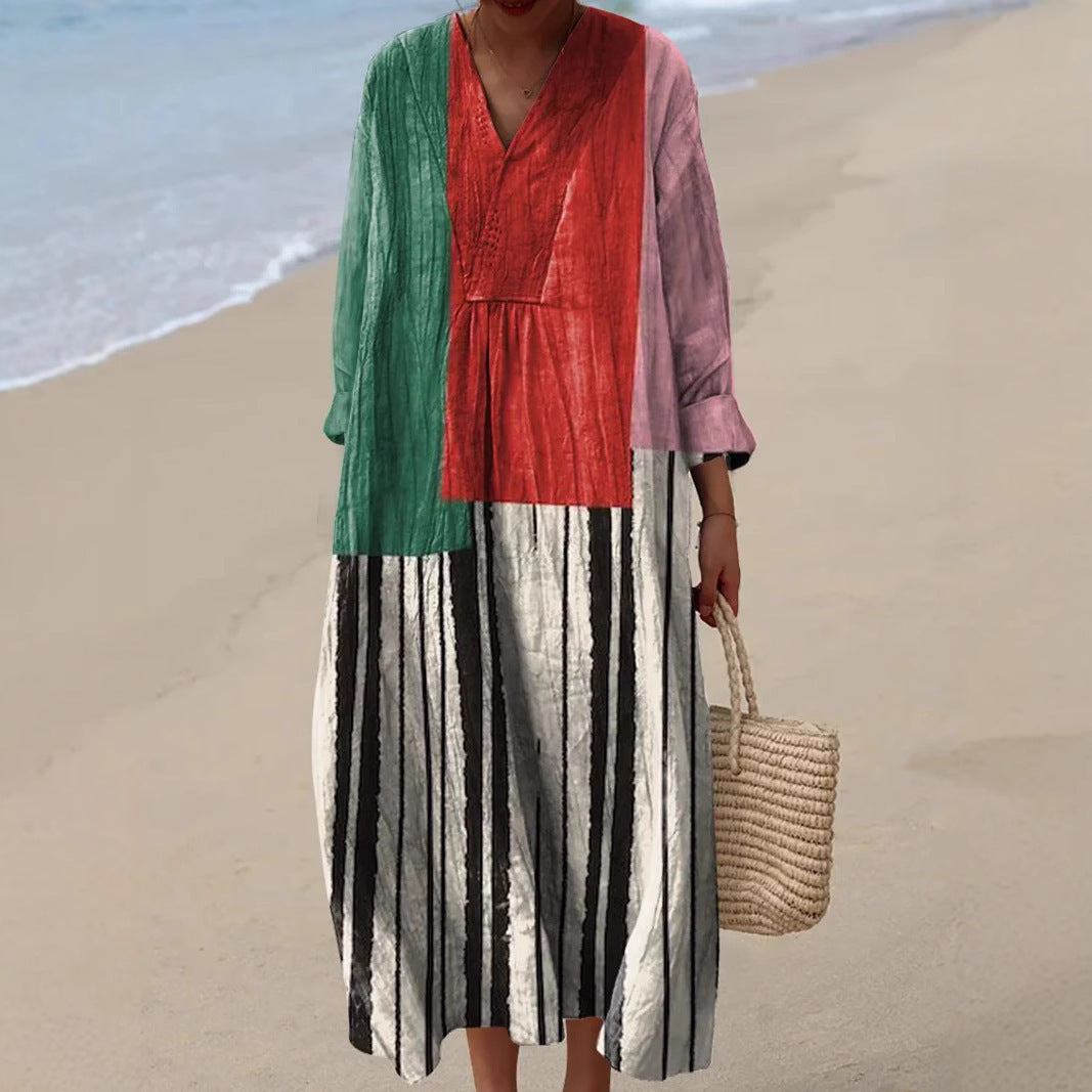 2025 Cross-Border Independent Station Amazon Long Sleeve Shirt Dress Women's Casual Floral 3D Printed Sleeve Long Skirt