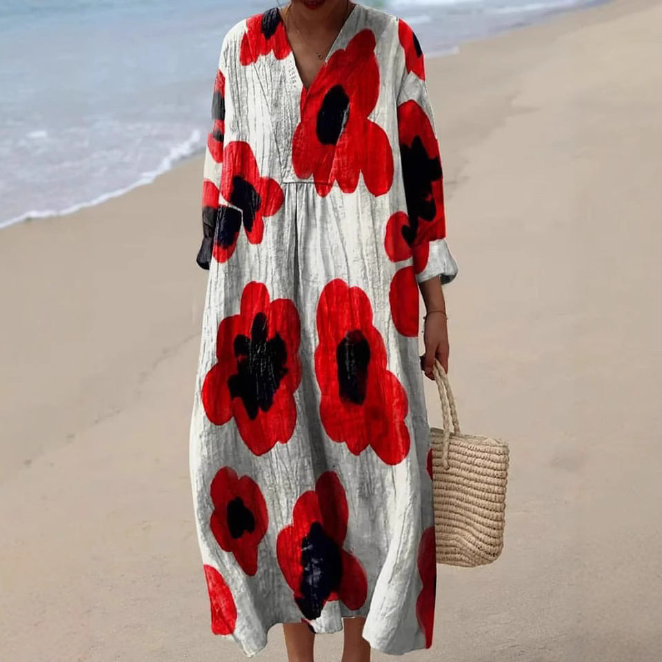 2025 Cross-Border Independent Station Amazon Long Sleeve Shirt Dress Women's Casual Floral 3D Printed Sleeve Long Skirt