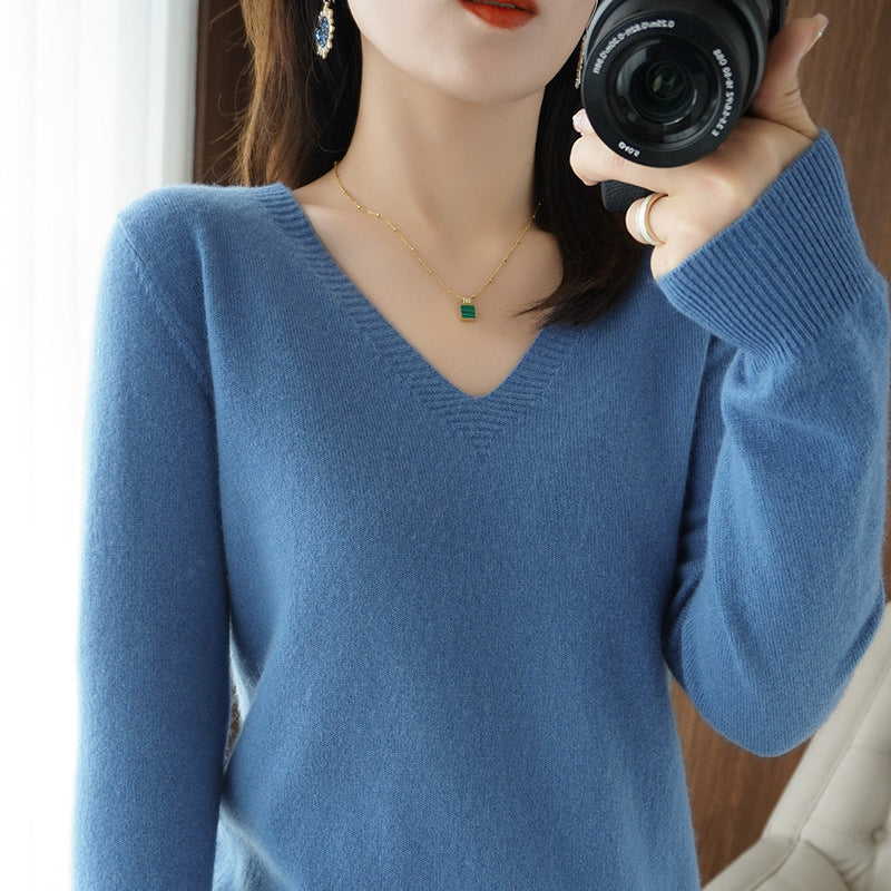 2025 Spring New Pure Color V Neck Knitted Bottoming Shirt Pullover Slimming Look Sweater Thin Style Western Style Inner Wear
