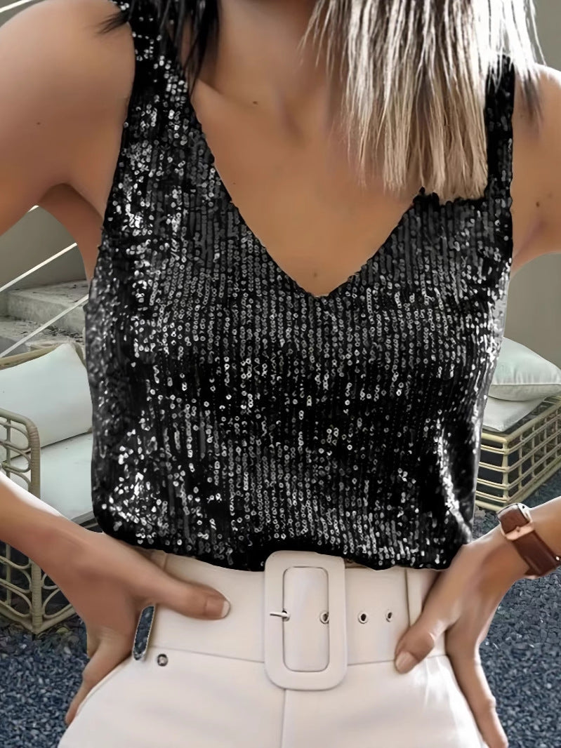 2025 Cross-Border European and American Women's Clothing Sequin Tank Top Amazon Sleeveless V-Neck Top Summer