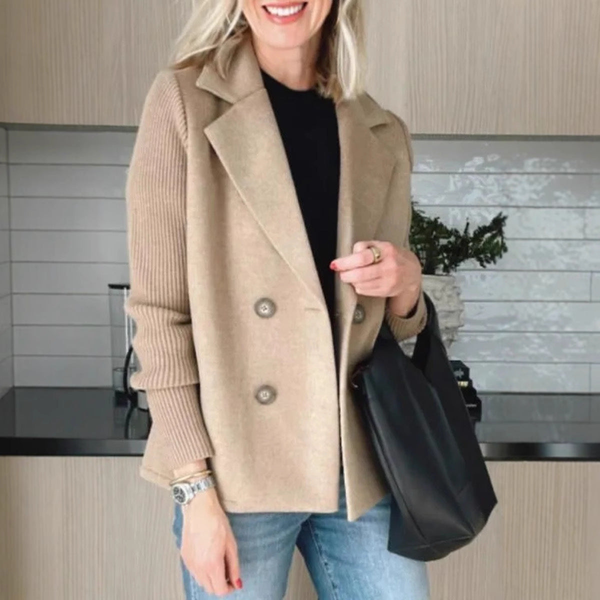 Amazon 2025 Spring New Cross-Border European and American Export Women's Fashion Elegant Woolen Splicing Jacket