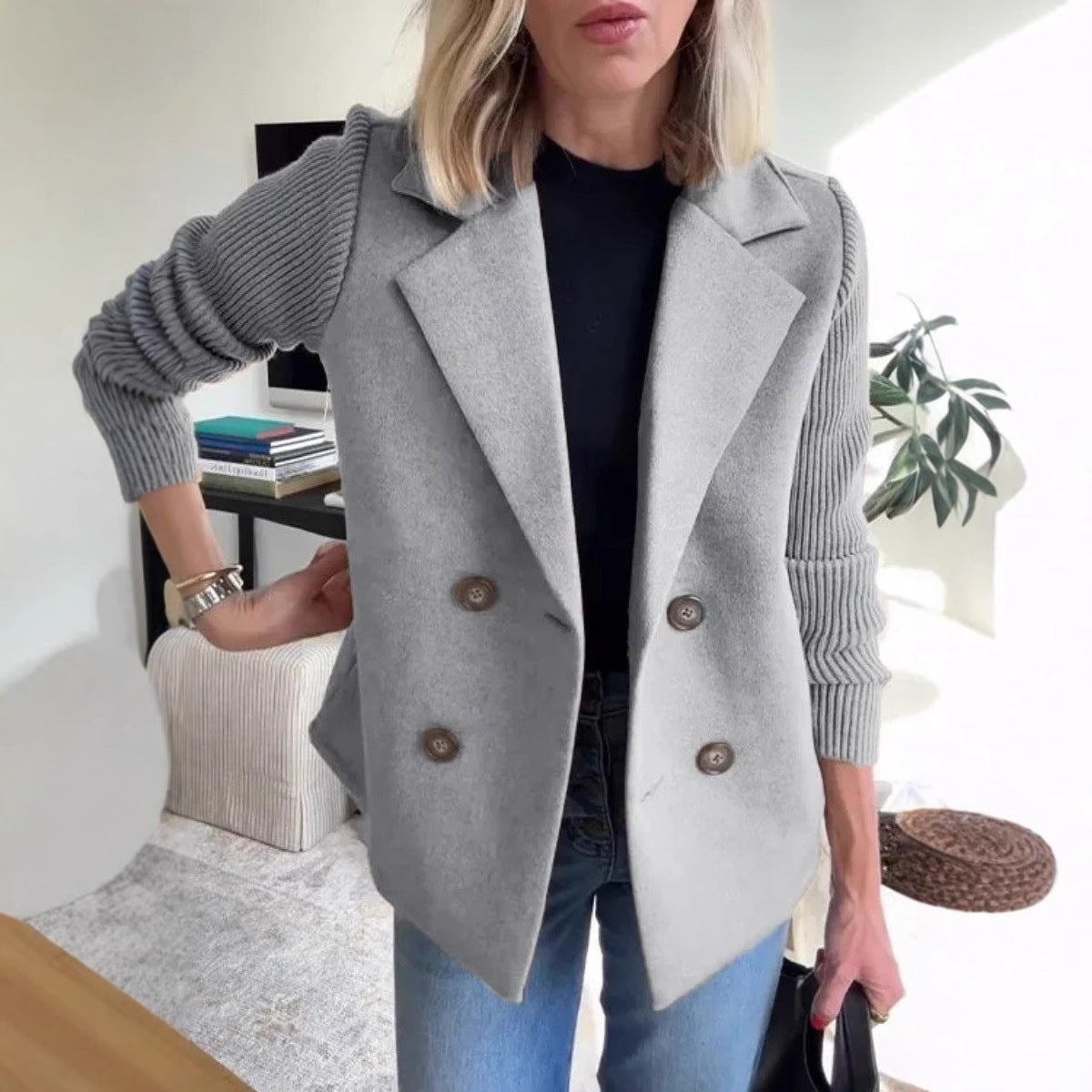 Amazon 2025 Spring New Cross-Border European and American Export Women's Fashion Elegant Woolen Splicing Jacket