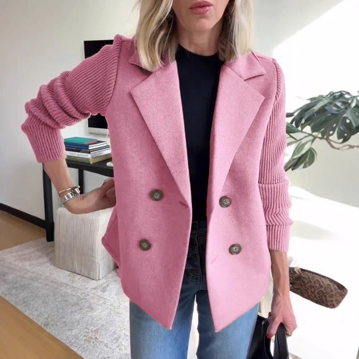 Amazon 2025 Spring New Cross-Border European and American Export Women's Fashion Elegant Woolen Splicing Jacket