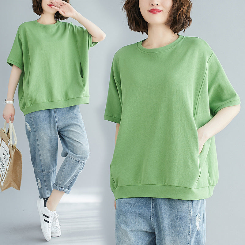 Plus Size Plus Fat Women's Clothing 100kg Summer Loose Large Size Flesh-Covering Slimming Look Top Pure Color Round Neck Short-Sleeved T-Shirt