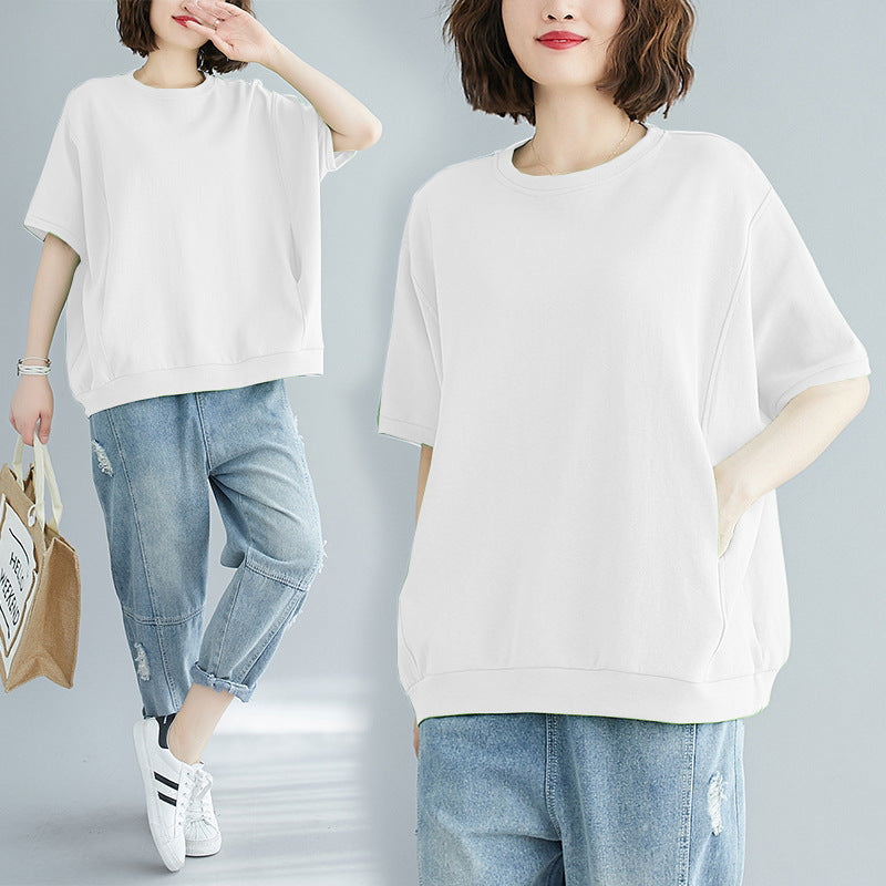 Plus Size Plus Fat Women's Clothing 100kg Summer Loose Large Size Flesh-Covering Slimming Look Top Pure Color Round Neck Short-Sleeved T-Shirt